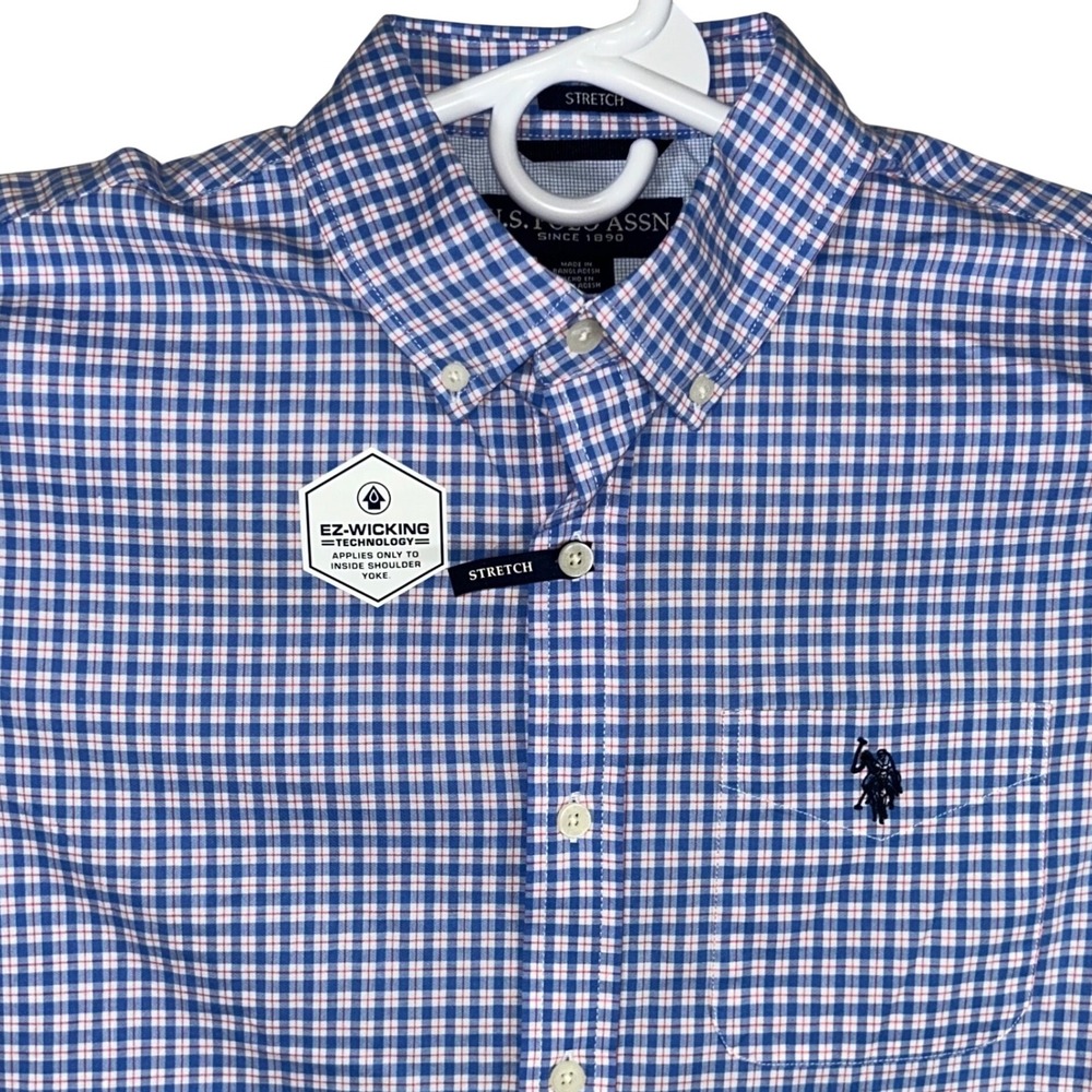US Polo Assn Mens Small Blue Gingham Short Sleeve Stretch Button Down Shirt NEW